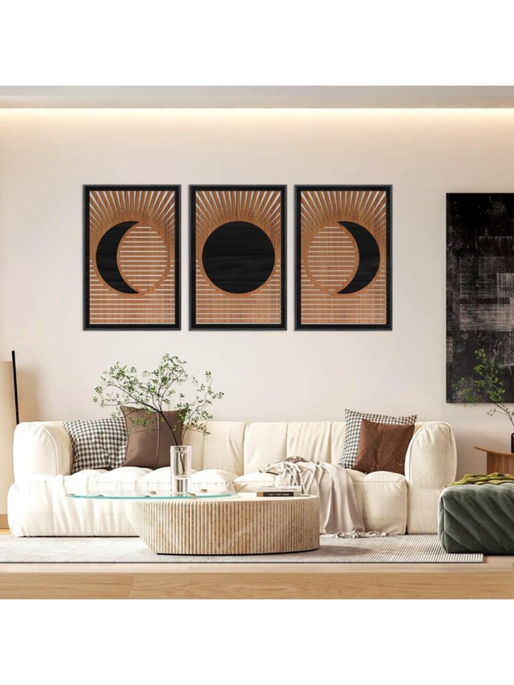 Boho Moon Phase Wall Art Set - 3 Pieces, Framed, 16x24 Inch Decor